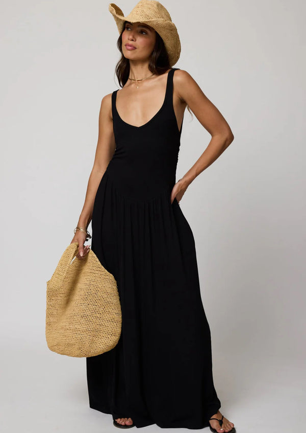 Rib Double Scoop Maxi Dress in Black - Romantiques