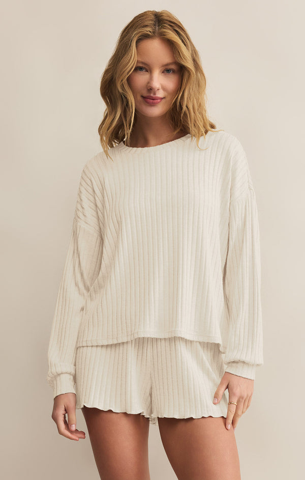 Daydream Rib Long Sleeve Top in Bone - Romantiques