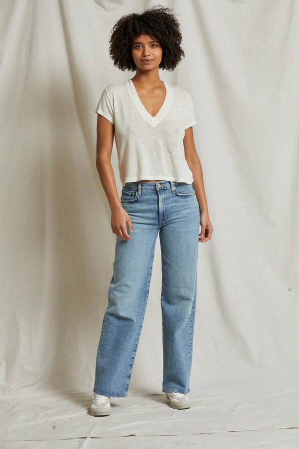 Rosie Linen Jersey V-Neck Tee in Natural - Romantiques