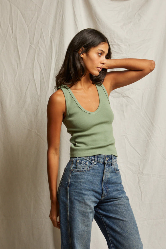 The Maria Structured Rib Tank in Aloe - Romantiques