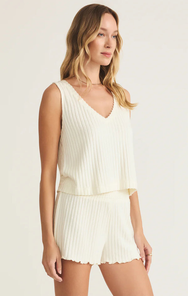 Sloane V-Neck Rib Tank in Bone - Romantiques