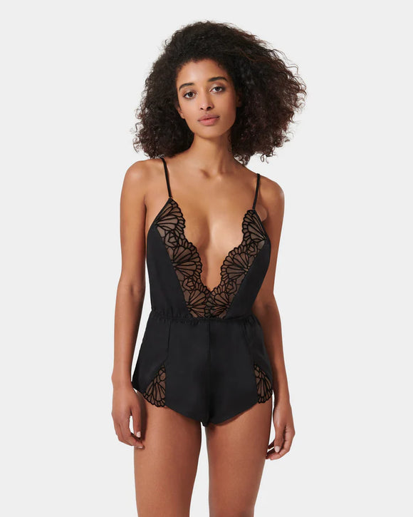Genevieve Luxury Satin Teddy in Black/Sheer
