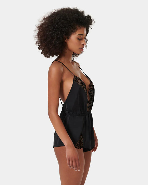 Genevieve Luxury Satin Teddy in Black/Sheer