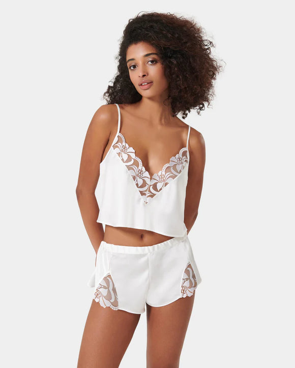 Leonora Luxury Satin Cami and Short Set in White/Sheer