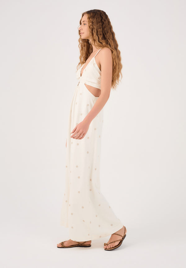 Eliana Maxi Linen Dress with Lurex Sun Embroidery in Off White - Romantiques