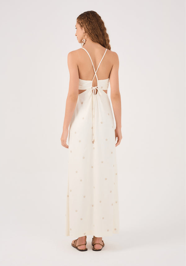 Eliana Maxi Linen Dress with Lurex Sun Embroidery in Off White - Romantiques