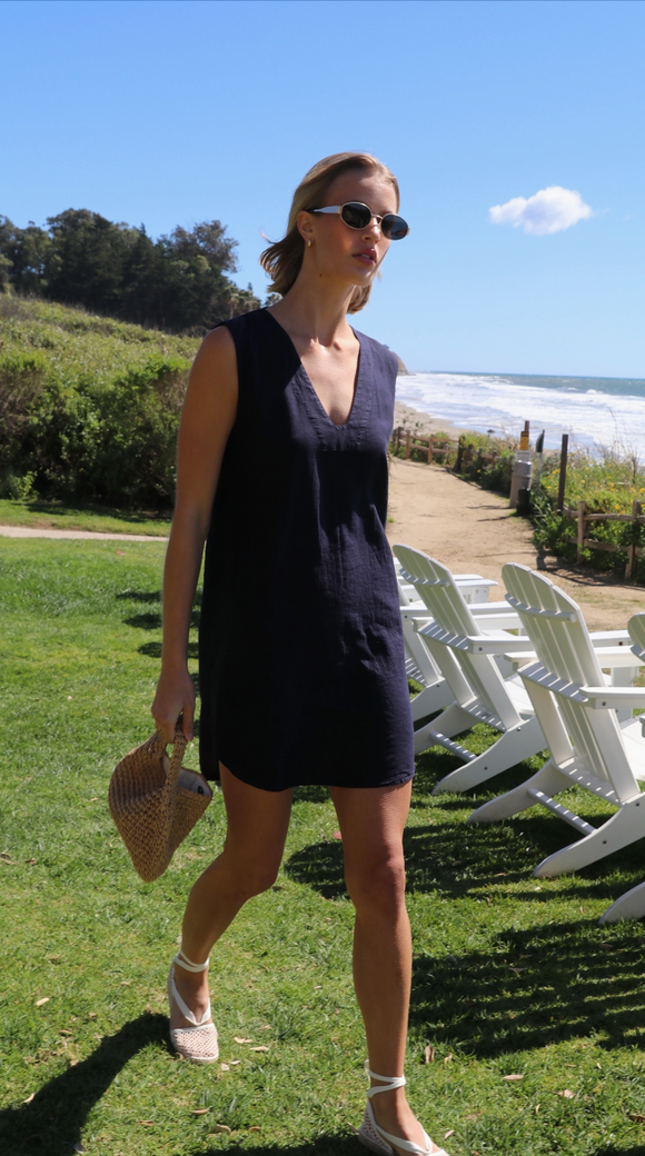 Morgan Linen Tunic Dress in Navy - Romantiques