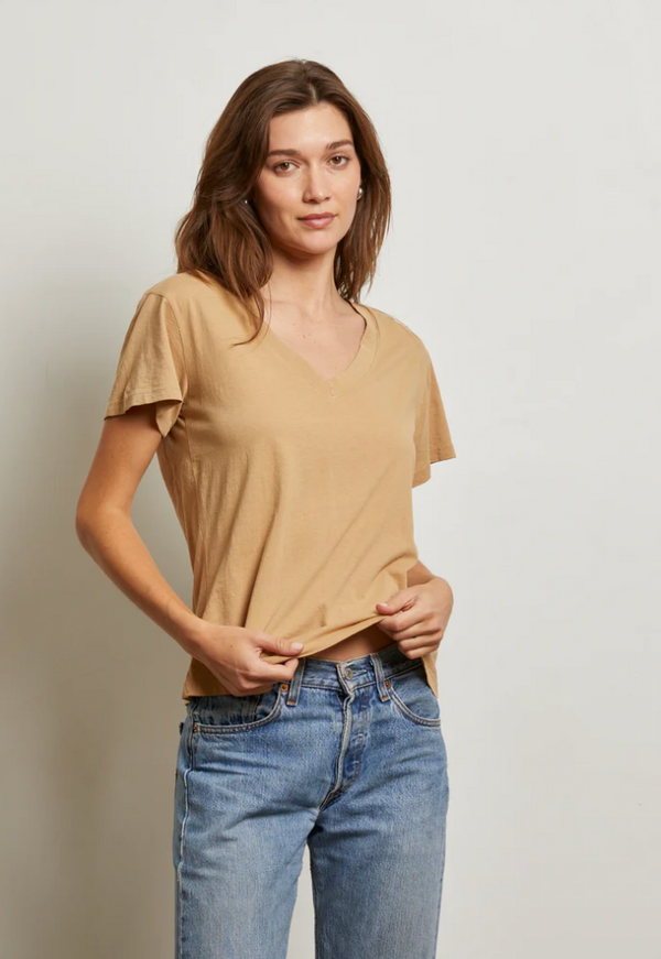 Hendrix Lightweight Cotton Boxy V-Neck Tee in Suede - Romantiques
