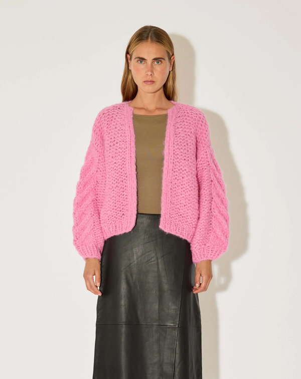 Fleecy Alpaca Cable Bomber Cardigan Bonbon Pink - Romantiques