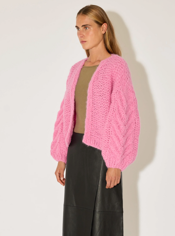 Fleecy Alpaca Cable Bomber Cardigan Bonbon Pink - Romantiques