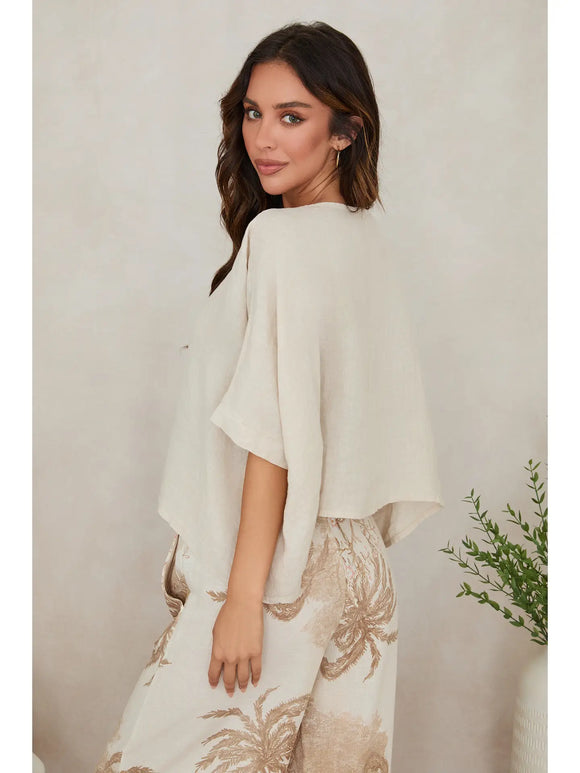 Linen Dolman Sleeve Crop Top in Earth Beige - Romantiques