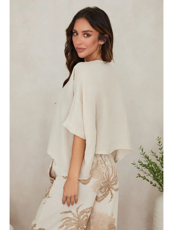 Linen Dolman Sleeve Crop Top in Earth Beige - Romantiques