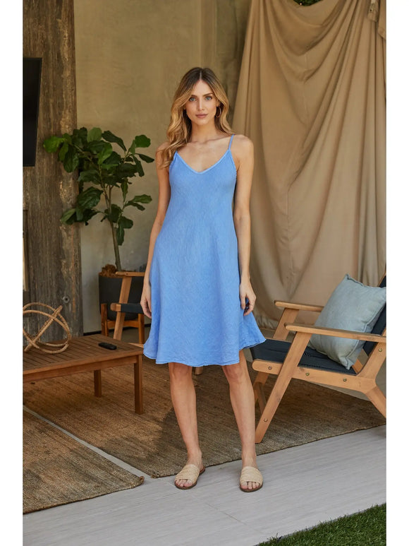 Italian Linen Spaghetti Strap Midi Slip Dress in Cerulean Blue - Romantiques