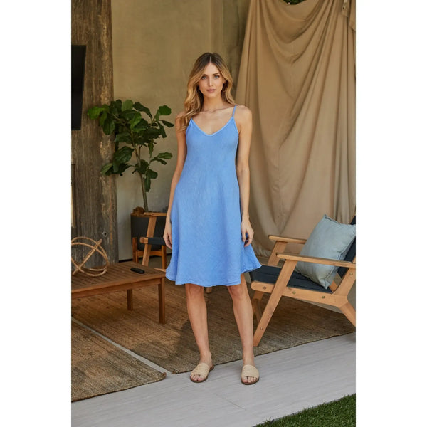 Italian Linen Spaghetti Strap Midi Slip Dress in Cerulean Blue - Romantiques