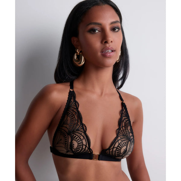 Aubade Vibes Bralette in Black — front view, non-underwired triangle bralette with Bohemian embroidery and gold buckle closure