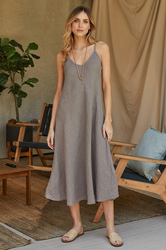 Italian Linen Spaghetti Strap Maxi Slip Dress in Mocha - Romantiques