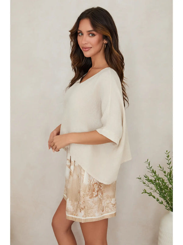 Linen Dolman Sleeve Crop Top in Earth Beige - Romantiques