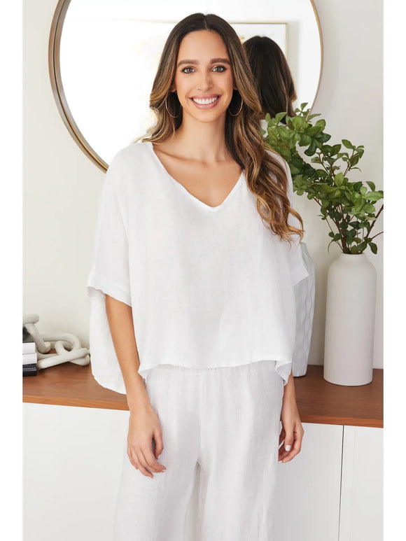 Linen Dolman Sleeve Crop Top in White - Romantiques