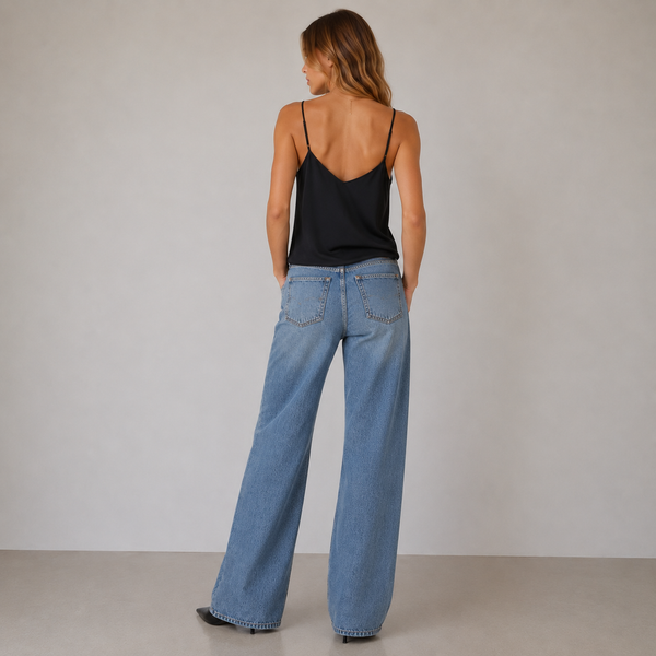 Woman wearing blue jeans and a black top against a plain background