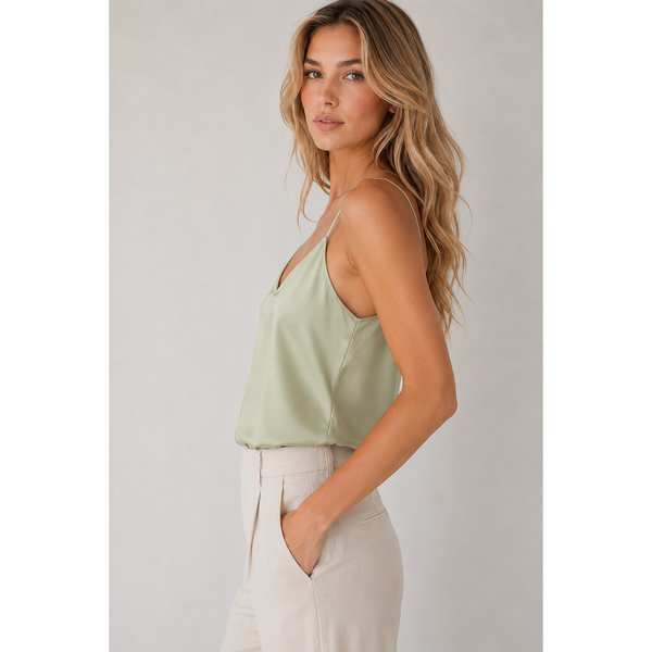 Woman wearing a light green top and white pants against a plain background