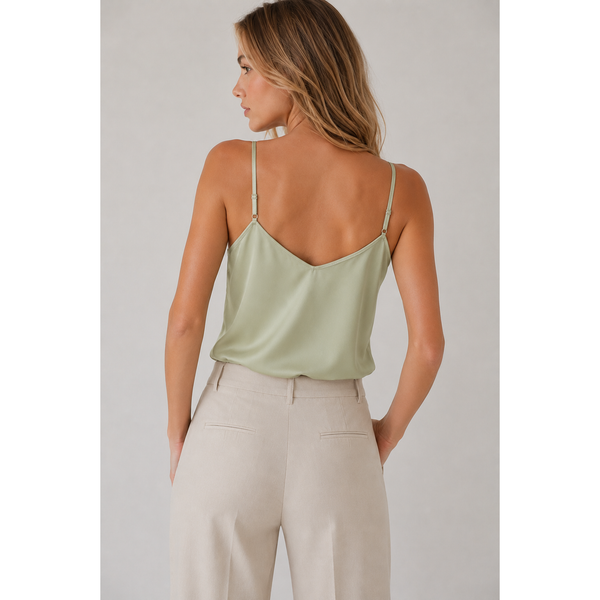 Woman wearing a light green spaghetti strap top and beige pants on a plain background