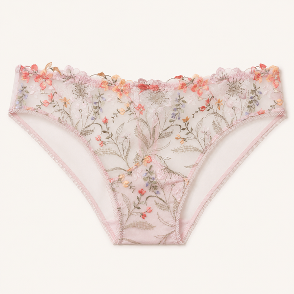 Light pink floral lace panties with a delicate embroidered botanical pattern in shades of orange, green, and purple, featuring a scalloped lace waistband.