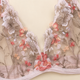 Close-up of a sheer lace bra cup with floral embroidery in pink, peach, and beige tones on a pale cream background.