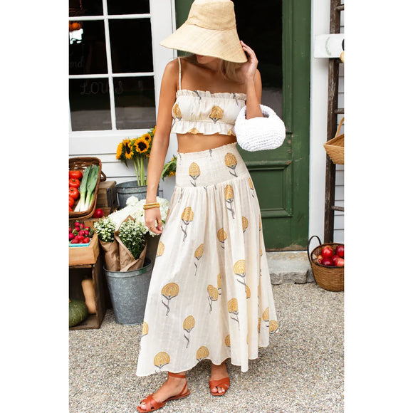 Emerson Fry Smocked Fan Flowers Maxi Skirt in Marigold - Romantiques
