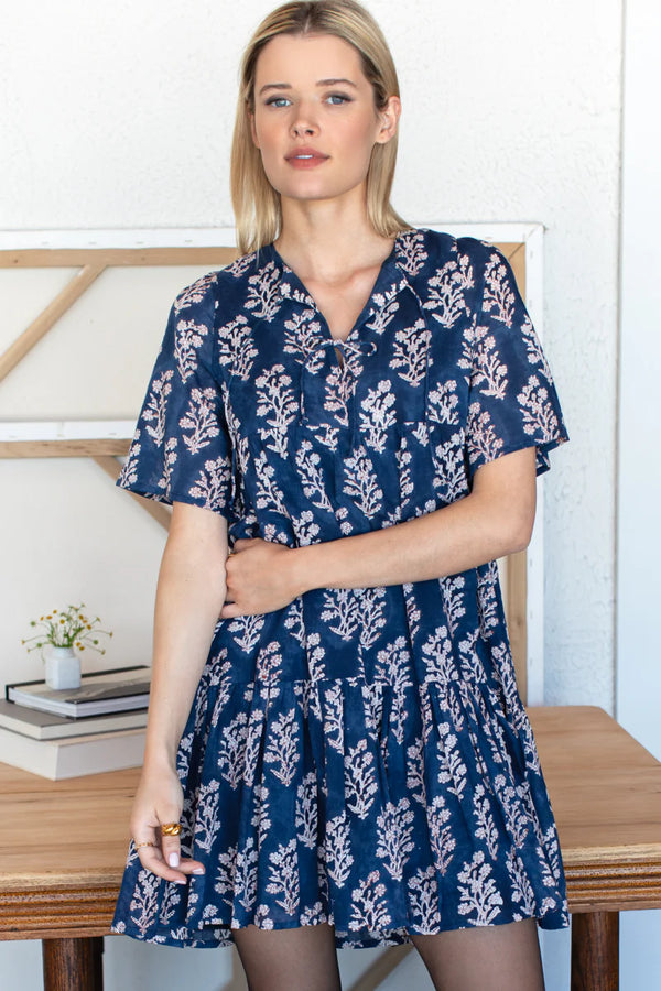 Isla Pressed Poppies Dress in Indigo Blue - Romantiques