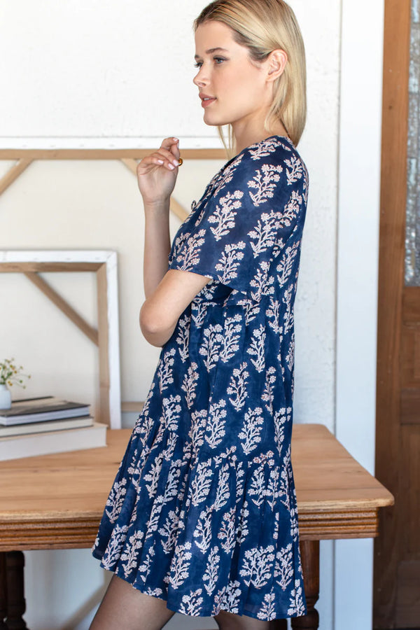 Isla Pressed Poppies Dress in Indigo Blue - Romantiques