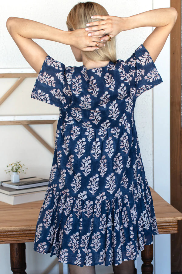 Isla Pressed Poppies Dress in Indigo Blue - Romantiques