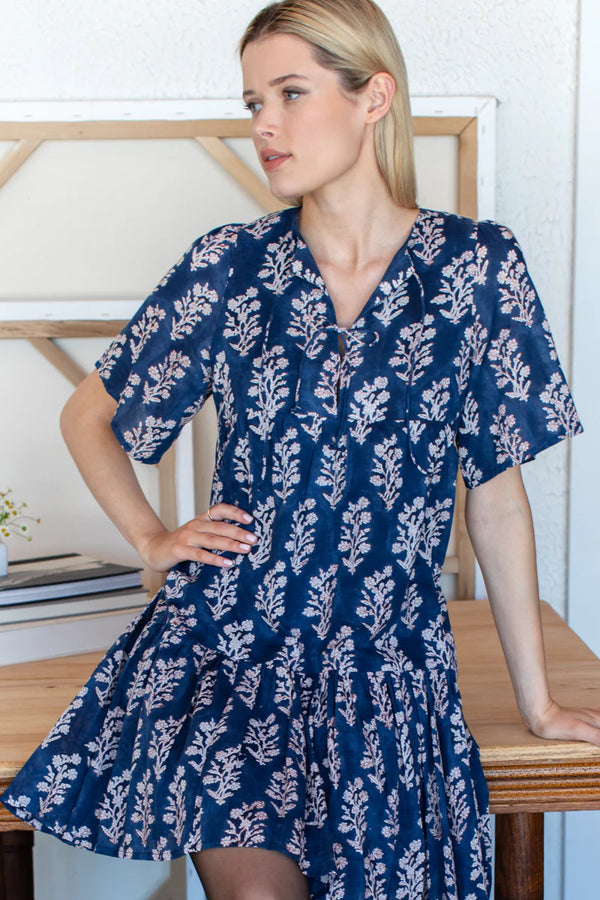 Isla Pressed Poppies Dress in Indigo Blue - Romantiques