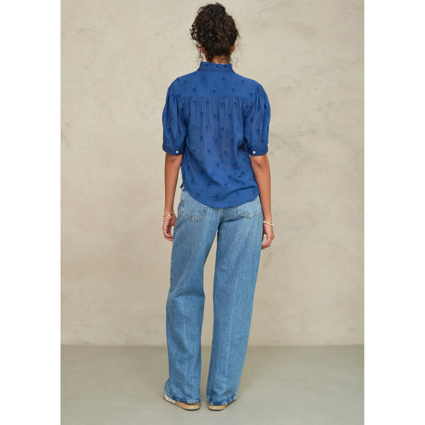 Frani Short Sleeve Embroidered Top in Cobalt - Romantiques