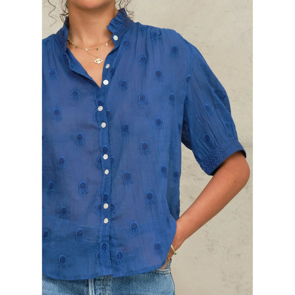 Frani Short Sleeve Embroidered Top in Cobalt - Romantiques
