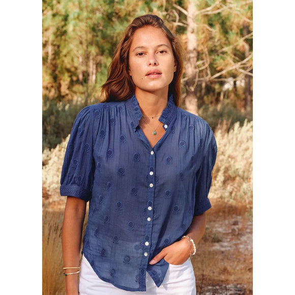 Frani Short Sleeve Embroidered Top in Cobalt - Romantiques