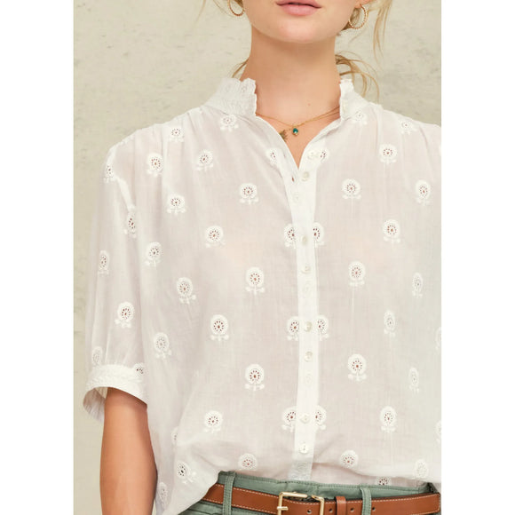 Frani Short Sleeve Embroidered Top in White - Romantiques