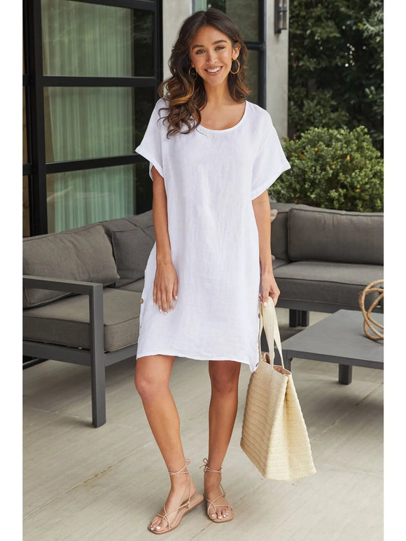 Tay Short Sleeve Side Button Detail Linen Dress in White - Romantiques
