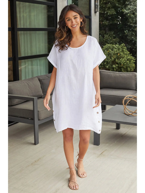 Tay Short Sleeve Side Button Detail Linen Dress in White - Romantiques