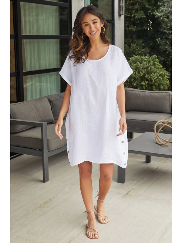 Tay Short Sleeve Side Button Detail Linen Dress in White - Romantiques