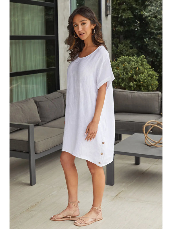 Tay Short Sleeve Side Button Detail Linen Dress in White - Romantiques