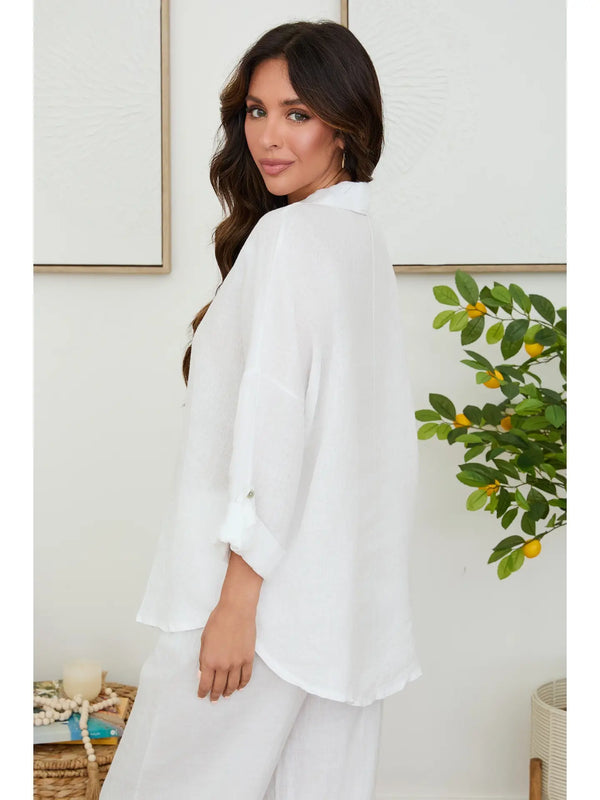Marla Linen Long Sleeve Button Down Shirt in White - Romantiques