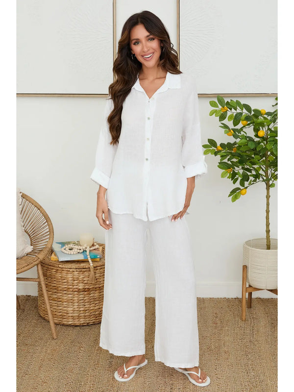 Marla Linen Long Sleeve Button Down Shirt in White - Romantiques