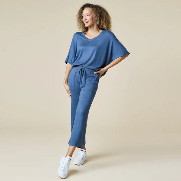 Dream Jersey Relaxed V-Neck with Capri Lounge Set in Indigo - Romantiques