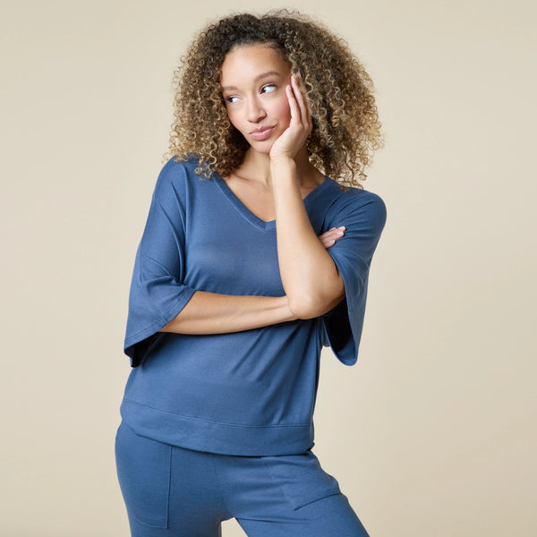 Dream Jersey Relaxed V-Neck with Capri Lounge Set in Indigo - Romantiques