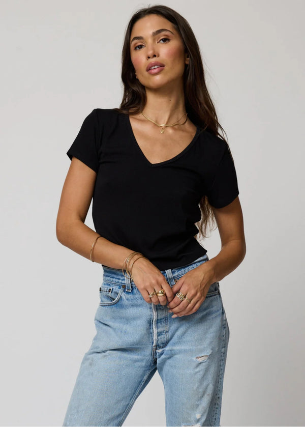 Stillwater Rib V-Neck Crop Baby Tee in Black - Romantiques