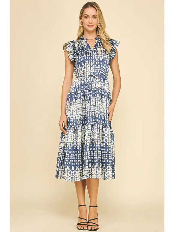 Print Tiered Midi Dress in Dusty Navy - Romantiques