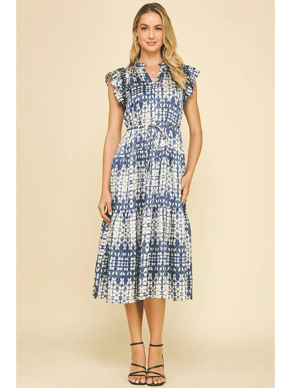 Print Tiered Midi Dress in Dusty Navy - Romantiques