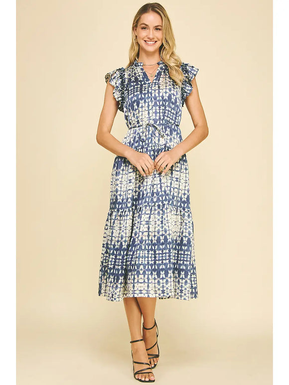 Print Tiered Midi Dress in Dusty Navy - Romantiques