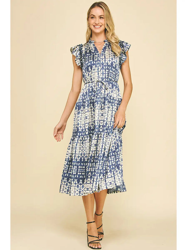Print Tiered Midi Dress in Dusty Navy - Romantiques