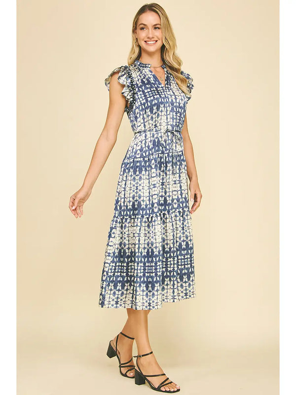Print Tiered Midi Dress in Dusty Navy - Romantiques